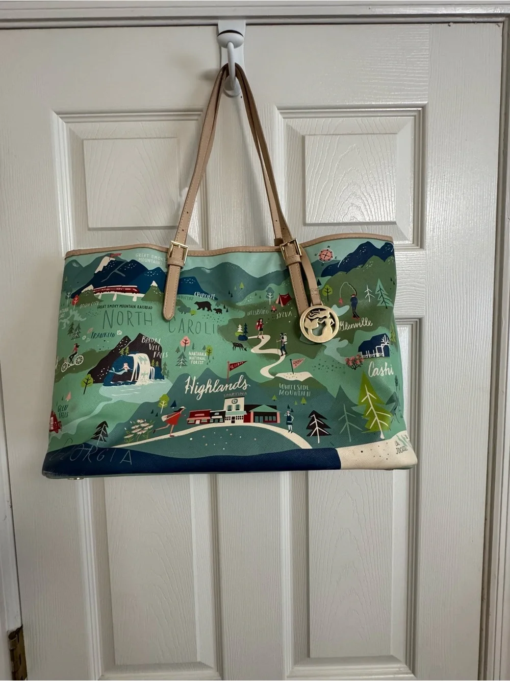 Spartina 449 Green Map-Print Canvas Tote with Tan Handles - Picture 1 of 12